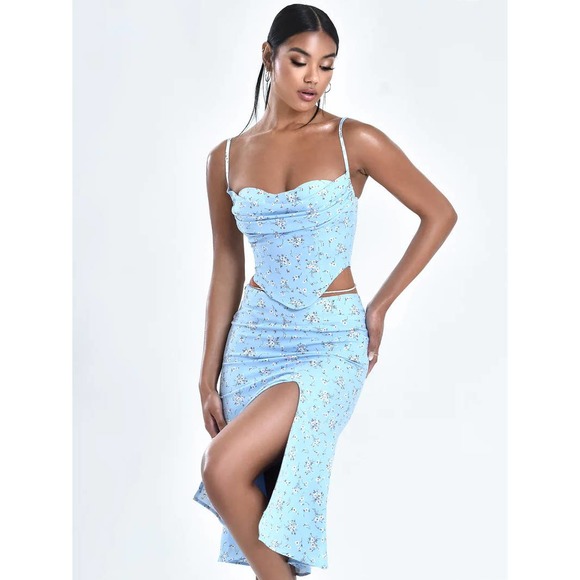 Miss Circle Tops - Miss Circle Nora Floral Corset Top & Mary Slit Skirt Set Blue Women's XS NWOT